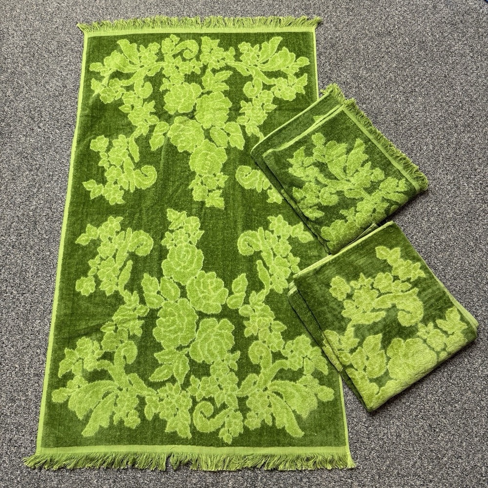 3 Vintage Bath Towel Two Tone Green Floral Cannon Monticello Cotton Fringe 70s